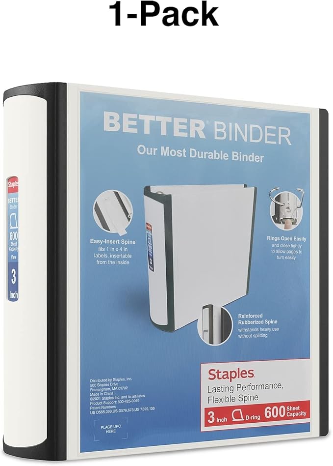 Staples 702879 Better 3-Inch D 3-Ring View Binder White (15125-Cc)