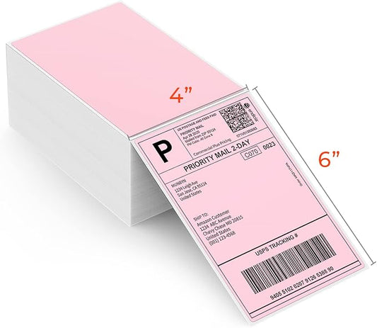 MUNBYN 4"x6" Pink Direct Thermal Shipping Labels, Commercial Grade Permanent Adhesive Fanfold Mailing Postage Label Paper for Thermal Printers and Packages, 500 Sheets per Stack