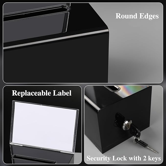 VOISEN Acrylic Donation Box with Lock, 3 Pack Black Ballot Box with Sign Holder, Tip Jar for Fundraising, Donation, Bar, School Voting, 6.2x4.6x3.9 Inch