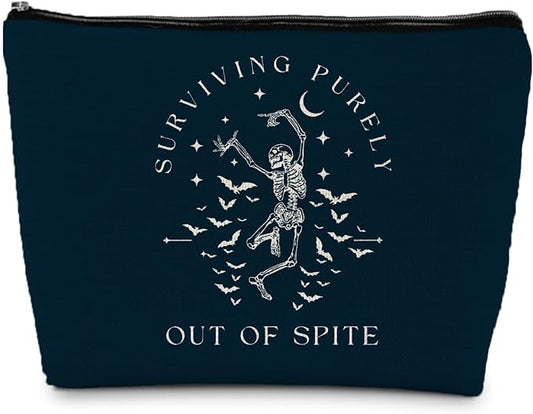 Funny Dark Horror Halloween Goth Skeleton Makeup Bag, Gothic Cosmetic Bag for Women,Halloween Gifts for Women, Makeup Pouch, Surviving Purely out of Spite