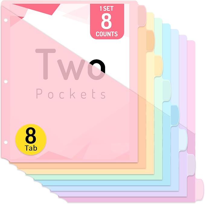 Forvencer 8 Count Dividers with Two Pockets, 8 tab Binder Dividers for 3 Ring Binder Organizer, Binder Divider with Tabs for School Office and Home Organization, Multicolor, 1 Set