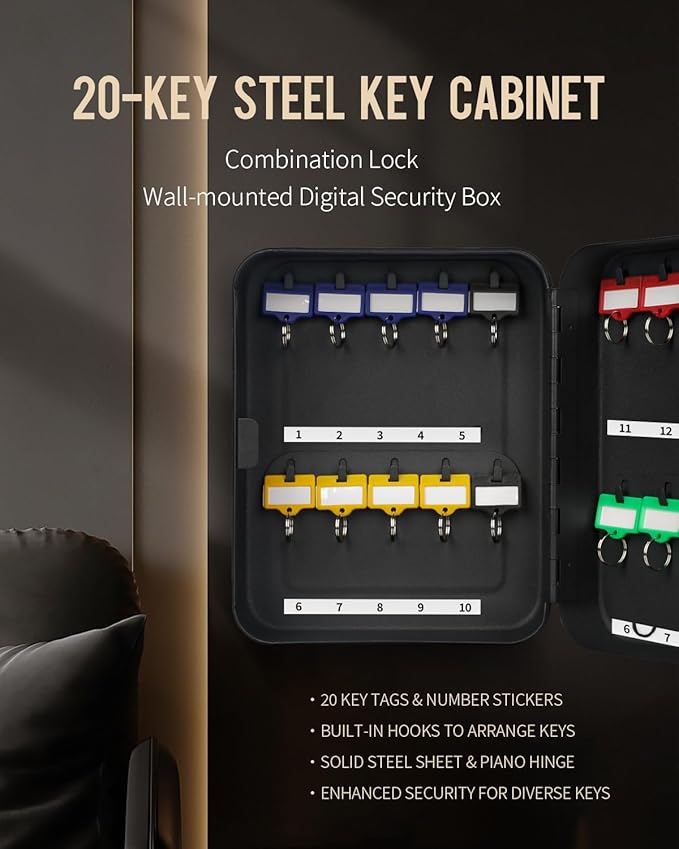 Uniclife 20 Position Key Cabinet with Combination Lock Resettable Black Digital Security Storage Box Steel Key Organizer with Colorful Key Tag Labels Stickers and Hooks