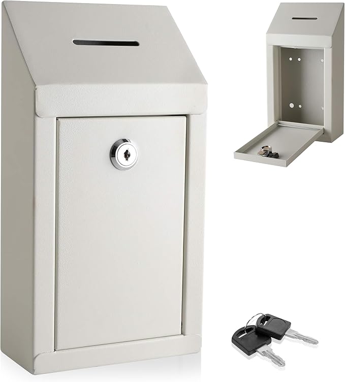 Metal Donation Box-Suggestion Box with Slot and lock-Cash Lock box for Money-Secure Drop Box-Comment and ballot voting box-comes with pre-drilled holes for easy wall mounting 10 X 6 X 2.5"(Off White)