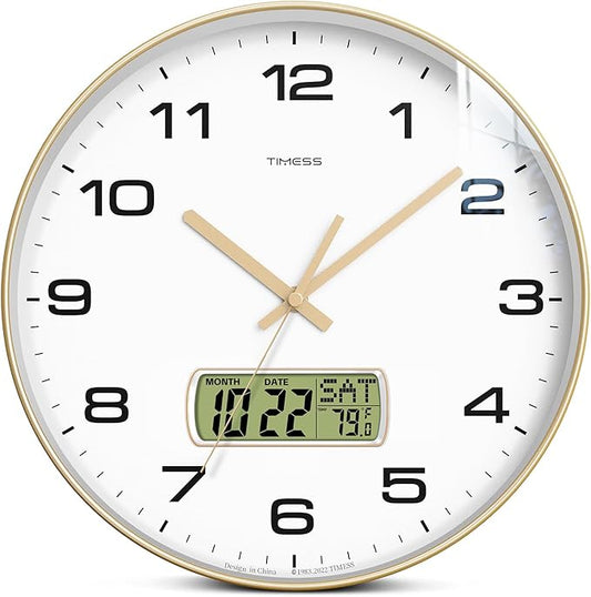 Wall Clock, 10" Dial Non-Ticking Silent Battery Operated Analog with LCD Display for Perpetual Calendar and F° Temperature, Ideal Modern Home, Bedroom, Kitchen, Office Decor (Gold)