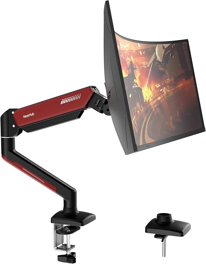 NearHub Gaming Monitor Mount for Computer Screen 13-32" and up to 22 lbs,360° Rotation,+90° to -45° Tilt,180° Swivel,with C Clamp and Grommet Base,Integrated Cable Management,75x75/100x100 VESA,RED