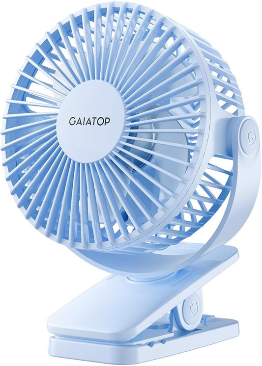 Gaiatop Portable Clip on Fan Battery Operated, Small Powerful 3 Speed Quiet 360° Rotate, USB Rechargeable Mini Personal Cooling Fan for Desk Table Home Office Stroller Camping Women Gifts Light Blue