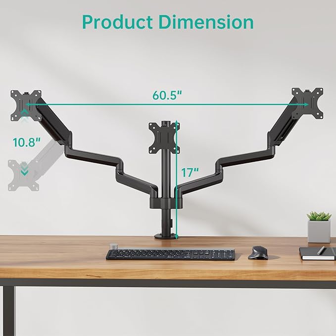 WALI Triple Monitor Mount for 13-27 inch Screens, Adjustable 3 Monitors Desk Mount with Swivel, Tilt, Clamp & Grommet Kit, Gas Spring Arm Triple Monitor Stand, VESA 75x75/100x100mm (GSDM003), Black