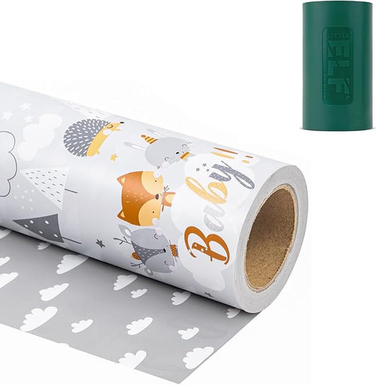 WRAPAHOLIC 30 Inch Jumbo Reversible Baby Shower Wrapping Paper (30 Inch x 33 Feet) & Little ELF Gift Wrap Cutter (1-Pack) - Grey Animal Design for Neutral Baby Shower, Boys Girls Kids Birthday