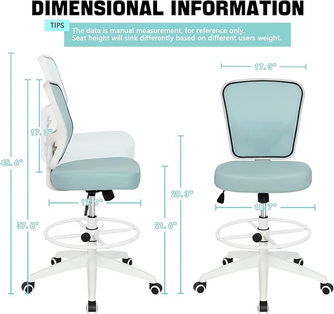 HYLONE Drafting Chair Adjustable Height Tall Office Chairs Standing Desk Chair Rolling Stool Chair Armless Office Drafting Chair Blue