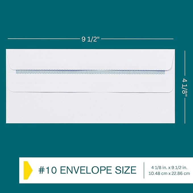 #10 Envelopes Self Seal - 500/pack - 4 1/8 x 9 1/2 inch Letter Size - Business Envelopes #10 Flip & Stick Closure, Security Tinted for Invoices, Statements - Blank White 24lb Paper