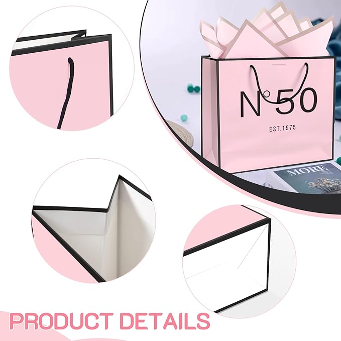 13" Birthday Gift Bag with Card Envelope Sticker Bow Ribbon and Tissue papers for Women Girls Design with Handles,13th-100th (EST.1975 50th, 13" W x 10.5" H x 4.3" D)