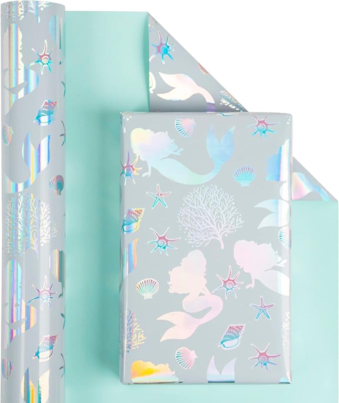 WRAPAHOLIC Reversible Wrapping Paper - Mini Roll - 17 Inch X 33 Feet - Mermaid with Colorful Foil Design for Kid's Birthday, Party, Baby Shower