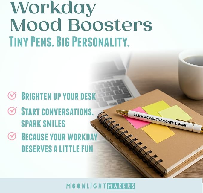 Moonlight Makers - Set of 5 Ballpoint Pens Black Ink- Engraved Funny Pens for Adults - Adulting in Progress Appreciation Gifts - Ideal Desk Decor for Work and Office Desk - Cute Packaging, Handy Clips