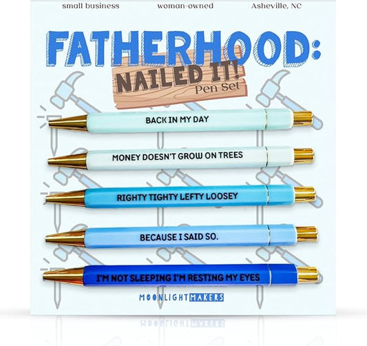 Moonlight Makers - Set of 5 Ballpoint Pens Black Ink- Engraved Funny Pens for Adults - Fatherhood Appreciation Adult Gifts - Ideal Desk Decor for Work and Office Desk - Cute Packaging, Handy Clips