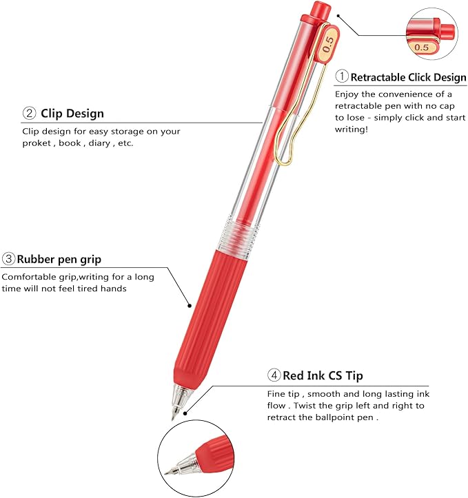 Aozora 20 Pack Red Gel Pens Fine Point Smooth Writing Pens Retractable Red Ink Pen with Soft Grip 0.5mm Quick Dry Office School Supplies Gold Clip