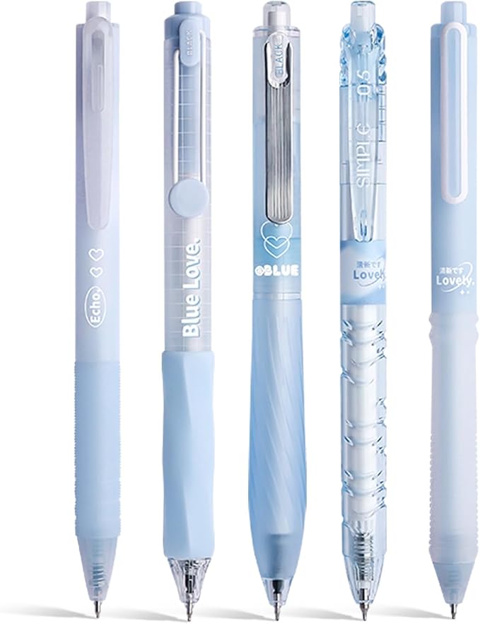 5 Count Pastel Gel Ink Pen Set,Cute Note Taking 0.5mm Fine Point Retractable 5 Count Black Ink Pens for Writing, Journaling, School, Office (Light Blue Clear)