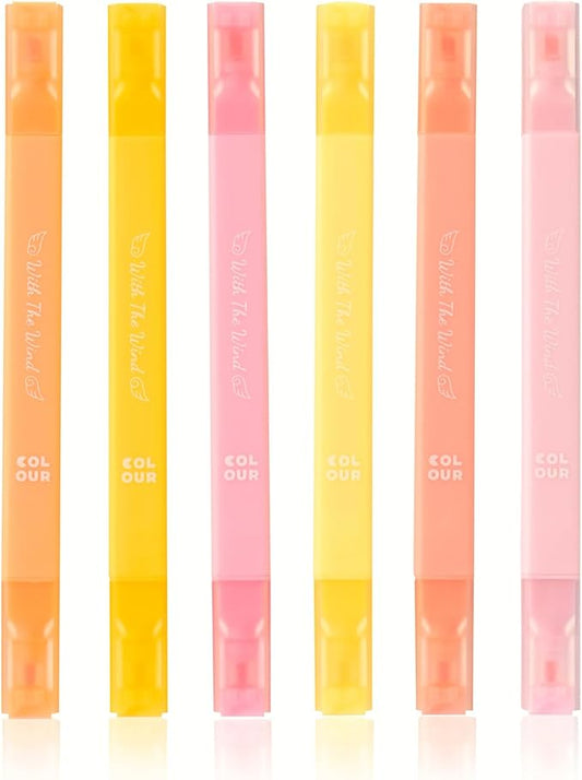 6Pcs Aesthetic Cute Highlighters with Soft Chisel Tip, Double Ended Highlighter, Quick Dry Assorted Colors Highlighters Markers for School Supplies and Office Journaling