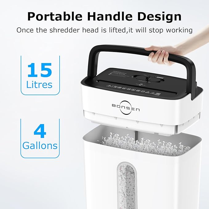 Bonsen 10-Sheet Cross Cut Paper Shredder for Home Office, P-4, Portable Handle, 4 Gallons Bin, Paper and Credit Card Shredder, White (S3201-W New Version)