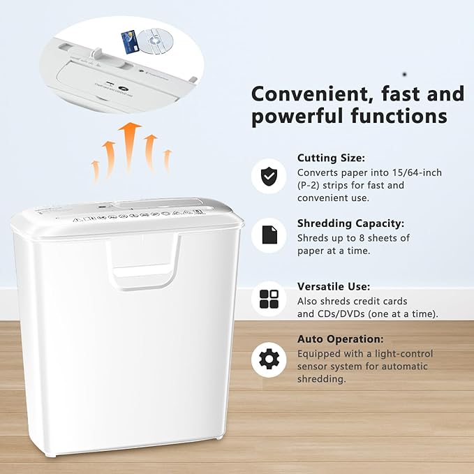 Bonsaii Quiet Strip-Cut Shredder, Up to 8 Sheets, Offering high Security, CDs, Credit Cards, Overheat Protection, Equipped with a 3.4-Gallon bin, Operates Quietly, Ideal for Home Office, White