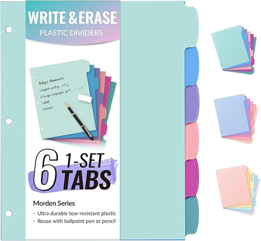 Sooez 6-Tab Durable Plastic Write & Erase Big Tab Dividers for 3 Ring Binder, Aesthetic Cute Pastels Binder Dividers for Student, Teacher, Office, Home Organizers, 1 Sets, Trendy