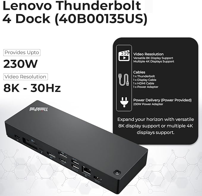 40B00135US Docking Station Thunderbolt 4 Dock - Universal Laptop Docking Stations with 135W Power Adapter + HDMI Cable + DisplayPort Cable + Thunderbolt Cable + Microfiber Cloth (Renewed)