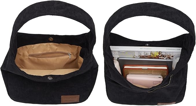 Corduroy Tote Bag Unisex Retro Handbag Multi Pocket Shoulder Work College Satchel Compartment Messenger Purse