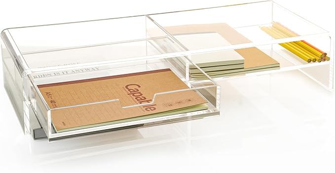 20" Crystal Clear Acrylic Monitor Stand Riser - Fits iMac/Printer/TV, Ergonomic 3" Elevation w/Sliding Drawer Storage, Sleek Desk Organizer for Home Office