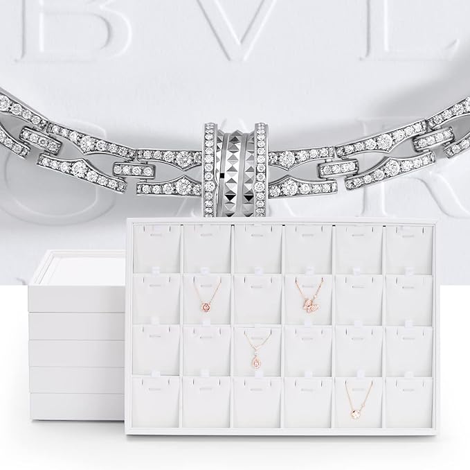 Oirlv Premium White Leather Stackable Jewelry Tray 24 Grid Jewelry Organizer Tray with Removable Inserts Cards Necklace Display Holder