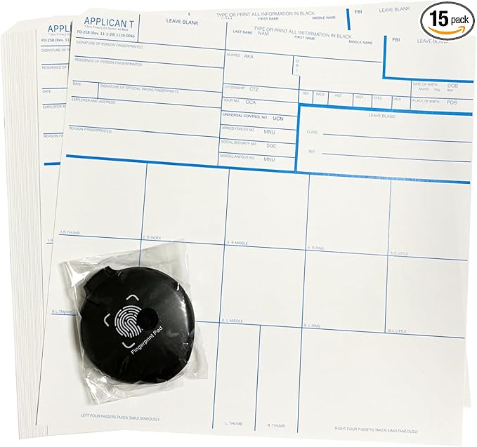 15 Pack FD-258 Fingerprint Kit - Includes Reusable Ink Pad, Instructions, Newest Version (11-1-20) for Fingerprinting SBR & More