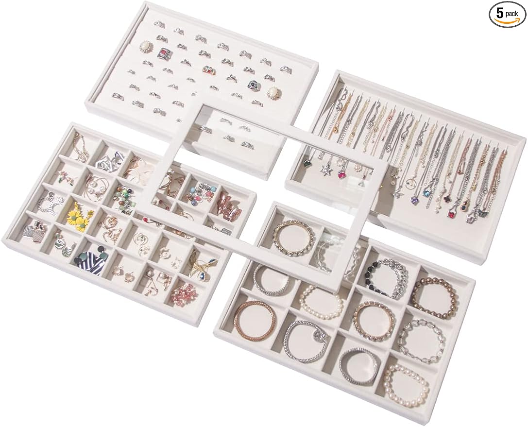 Coward Set of 5 Stackable Jewelry Organizer Tray Necklace Earring Box Storage Ring Bracelet Display Holder (beige(ring+necklace+12girds+24girds+The glass lid))