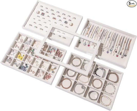 Coward Set of 5 Stackable Jewelry Organizer Tray Necklace Earring Box Storage Ring Bracelet Display Holder (beige(ring+necklace+12girds+24girds+The glass lid))