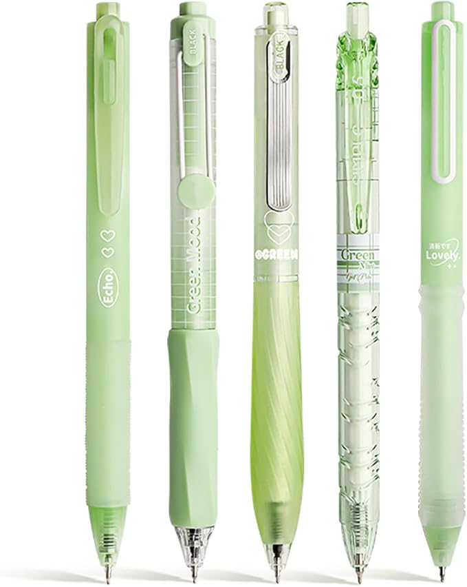 5 Count Pastel Gel Ink Pen Set,Cute Note Taking 0.5mm Fine Point Retractable 5 Count Black Ink Pens for Writing, Journaling, School, Office (Light Green Clear)