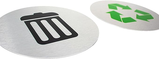 5.5" Round, Metal Trash & Recycling Signs | Set of 2 Garbage & Recycling Bin Markers | Brushed Silver Aluminum Signs with 1 Black Trash Sign & 1 Green Recycle Sign | Signs for Sustainability