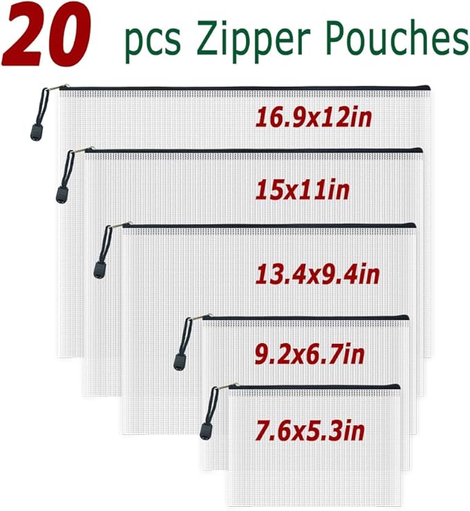 AUSTARK 20 Pcs Zipper File Bags, Plastic Mesh Pouch, Board Game Storage Bag, Waterproof Bags for Office School (Multi-Size, White and Black)