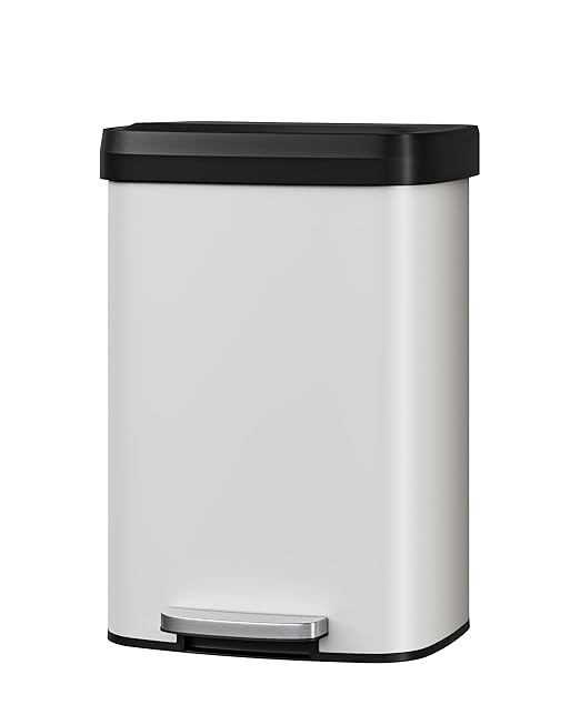 Garvee 13 gal / 50 L Metal Trash Can with Lid, Large Garbage Can for Kitchen, Rustproof Step-on Kitchen Metal Trash Bin with Liner Rim, Rear Handle, Soft Close Plastic Lid, White