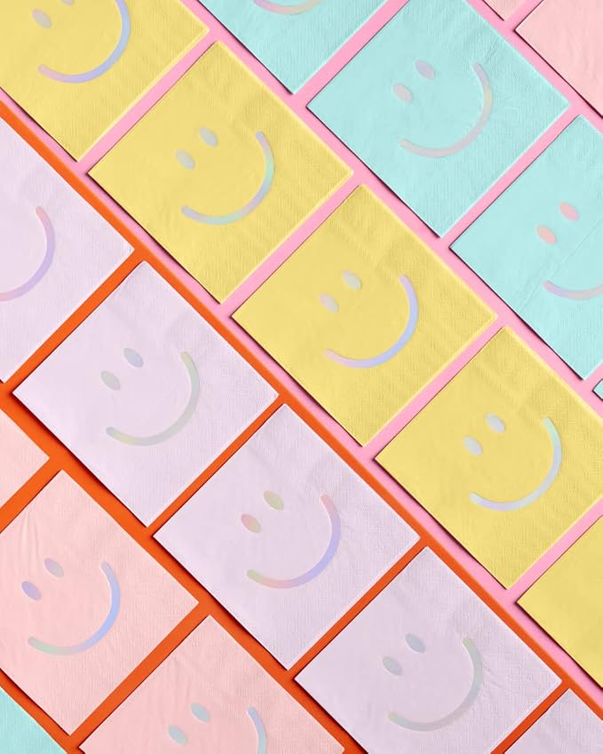 xo, Fetti Smile Party Napkins, 3-ply, 24 pcs - Happy Pastel Birthday Party Decorations, Cute Bachelorette Party, Cool Cocktail Napkins (Pack of 2)