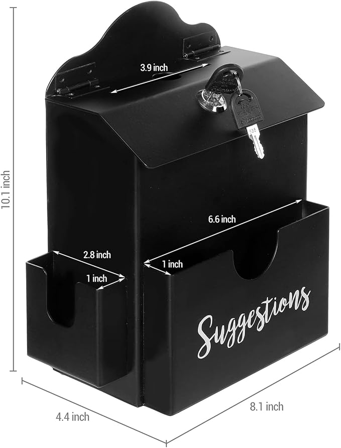 MyGift Suggestion Box with Slot and Lock, Donation Box for Fundraising, Complaint Case with Paper Sheet and Pen Holder Slots,Wall Mounted or Tabletop, Black Metal