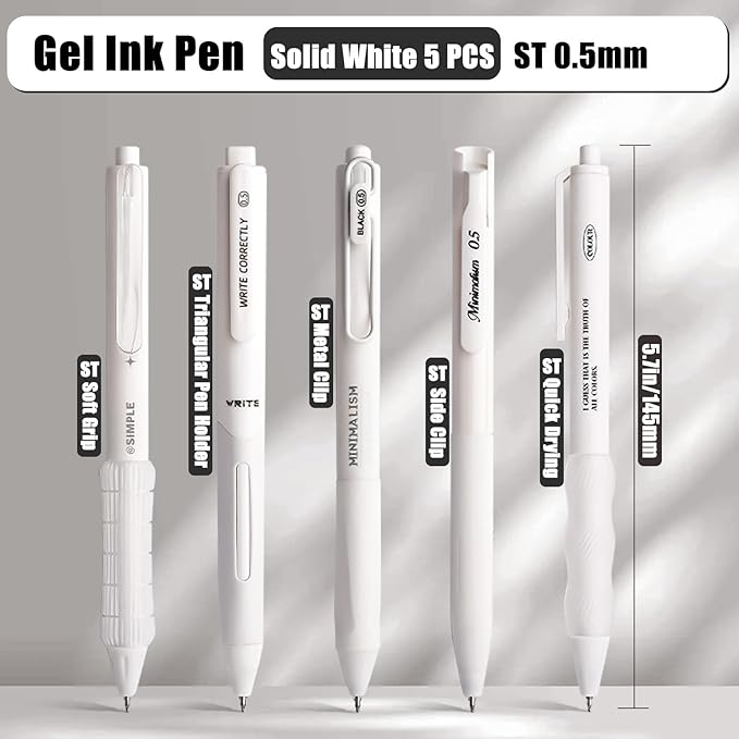 5 Count Pastel Gel Ink Pen Set,Cute Note Taking 0.5mm Fine Point Retractable 5 Count Black Ink Pens for Writing, Journaling, School, Office (White)
