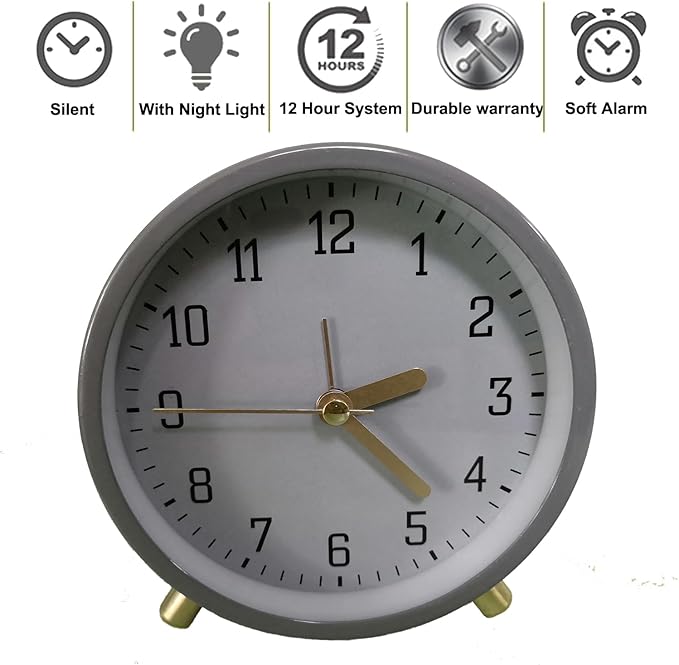 SHISEDECO Alarm Clock with Backlight, 4.5 inches Bedside Analog Non-Ticking Silent Small Deskclock with Arabic Numerals, Battery Operated Round Tableclock for Living Room, Bedroom (Grey Clock)