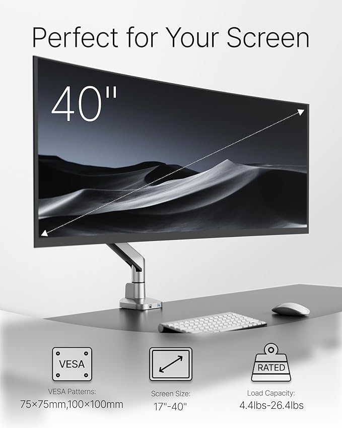 monTEK Deluxe Aluminum Monitor Arm with USB A/C for 17 to 40 Inch Curved Screens Fully Adjustable Single Monitor Arm with Clamp/Grommet, Quick Release Plate, Cable Management, VESA 75/100, MA1008UCSL