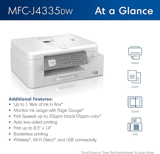 Brother MFC-J4335DW INKvestment Tank All-in-One Printer with Duplex and Wireless Printing Plus Up to 1-Year of Ink in-Box (Renewed Premium), White