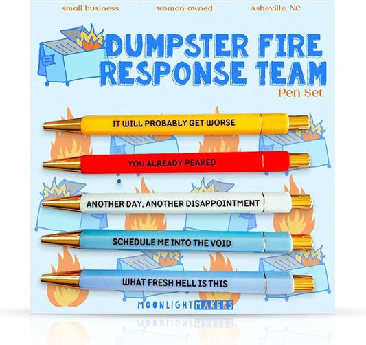 Moonlight Makers - Set of 5 Ballpoint Pens Black Ink- Engraved Funny Pens for Adults - Dumpster Fire Response Team Adult Gifts - Ideal Desk Decor for Work & Office Desk - Cute Packaging, Handy Clips