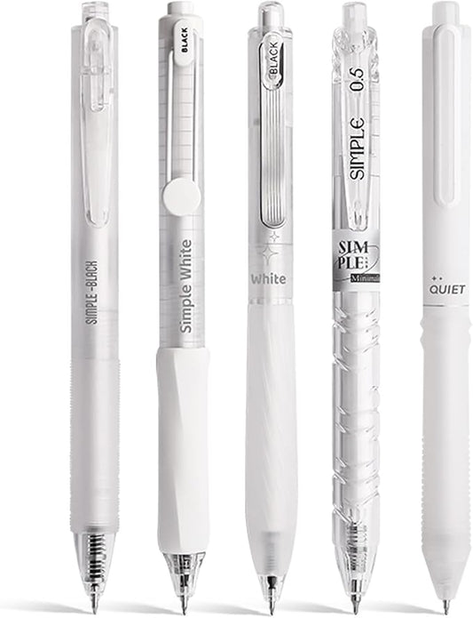 5 Count Pastel Gel Ink Pen Set,Cute Note Taking 0.5mm Fine Point Retractable 5 Count Black Ink Pens for Writing, Journaling, School, Office (White Clear)