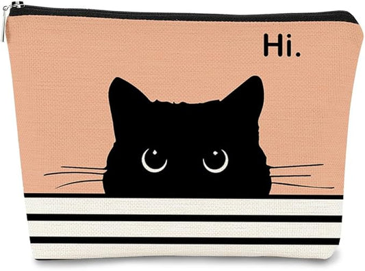 Cute Cat Cosmetic Bag, Black Kitty Gifts for Cat Lovers, Makeup Pouch for Women (Peach-1)