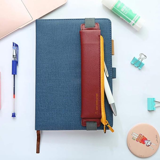 LuFOX 2-Pack PU Leather Pen Pencil Pocket Case Sleeve Holder Pouch with Elastic Band for Book Notebook Bible (Dark Blue+burgundy)