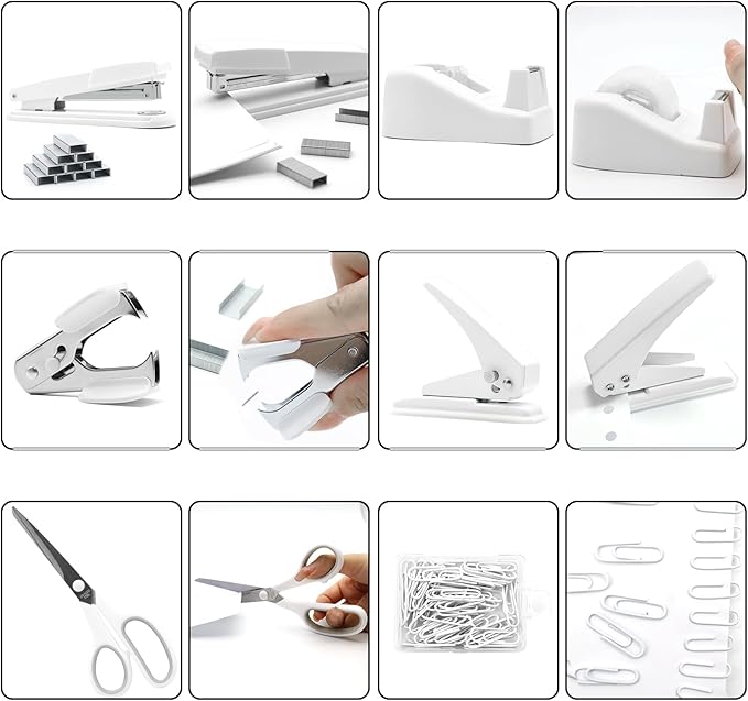 sportsvoutdoors White Desk Accessories, Modern Minimalist Office Supplies Set, Large Stapler, Tape Dispenser, Scissors, Paper Clips, Tabs with Ruler
