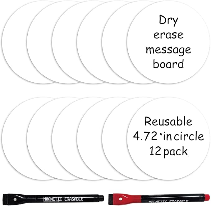 SVNOOC Multi-Use Dry Erase Labels Sticky Notes Reusable Stickers for Wall Desk Fridge Classroom Office Home and More, Message Board with 2 Markers (5" in Circle White), 12 Pack