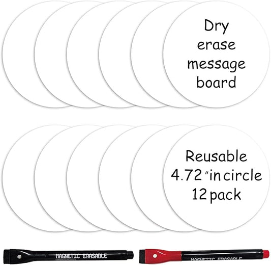 SVNOOC Multi-Use Dry Erase Labels Sticky Notes Reusable Stickers for Wall Desk Fridge Classroom Office Home and More, Message Board with 2 Markers (5" in Circle White), 12 Pack