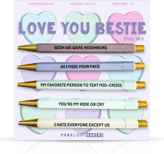 Moonlight Makers - Set of 5 Ballpoint Pens Black Ink - Engraved Funny Pens for Adults - Love You Bestie Appreciation Adult Gifts - Ideal Desk Decor for Work & Office Desk - Cute Packaging, Handy Clips