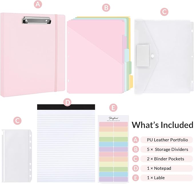 SKYDUE 3 Ring Binder with Clipboard,1 Inch Binder, 13.2" × 10.2" PU Clipboard Binder with Notepad & 5 Dividers with 5 Pockets, Labels, Clipboard Folder Great for School Office(Fit Letter Sized Paper)